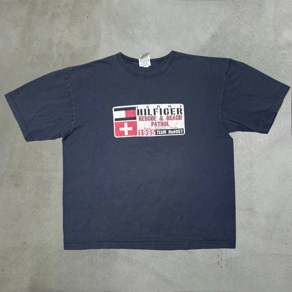 Vintage 90s Tommy Hilfiger T-Shirt Mens XL Navy Surf Beach Patrol made in usa